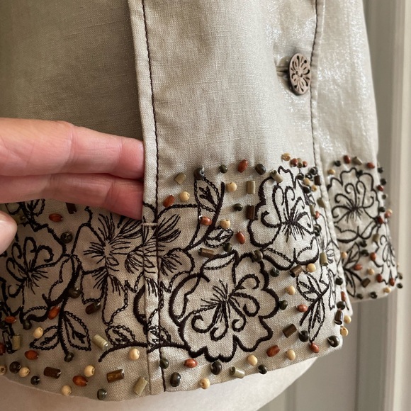 💯% Linen Silver Thread Embroidered Wood Beaded Blazer - 10 - Picture 6 of 13